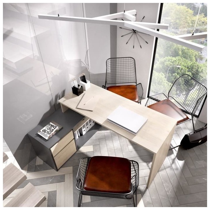 Bureau d'angle reversible 1 tiroir + 1 porte - Décor chene et gris -