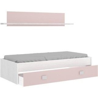 NOA Lit enfant 90x190 cm avec tiroir + 1 étagere - Chene blanc et ros