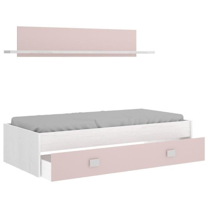 NOA Lit enfant 90x190 cm avec tiroir + 1 étagere - Chene blanc et ros