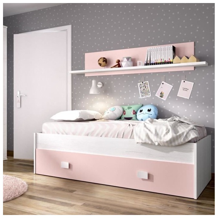 NOA Lit enfant 90x190 cm avec tiroir + 1 étagere - Chene blanc et ros