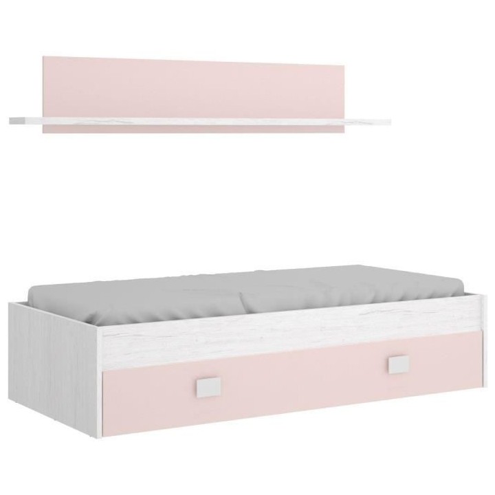 NOA Lit enfant 90x190 cm avec tiroir + 1 étagere - Chene blanc et ros