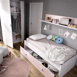 NOA Lit enfant 90x190 cm avec tiroir + 1 étagere - Chene blanc et rose