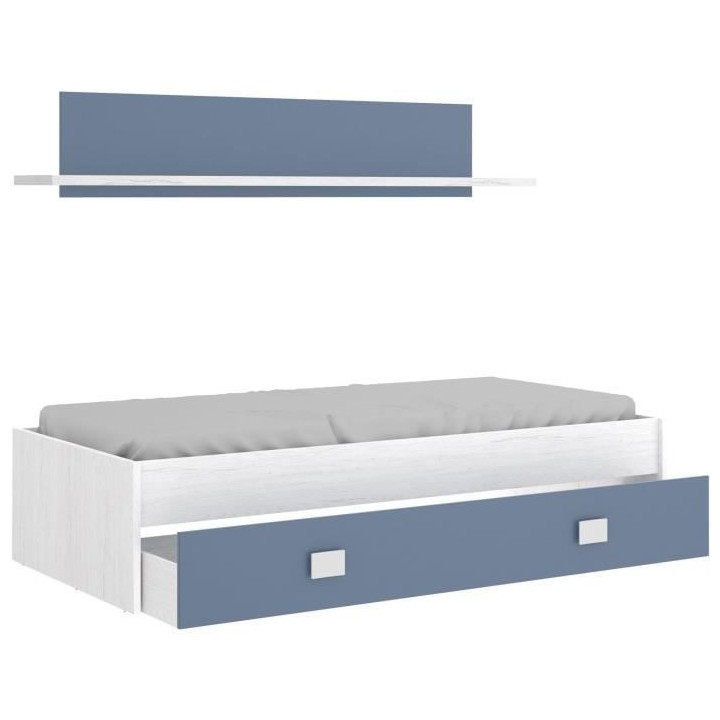 NOA Lit enfant avec tiroir + 1 étagere - Chene blanc/bleu - 90x190 cm