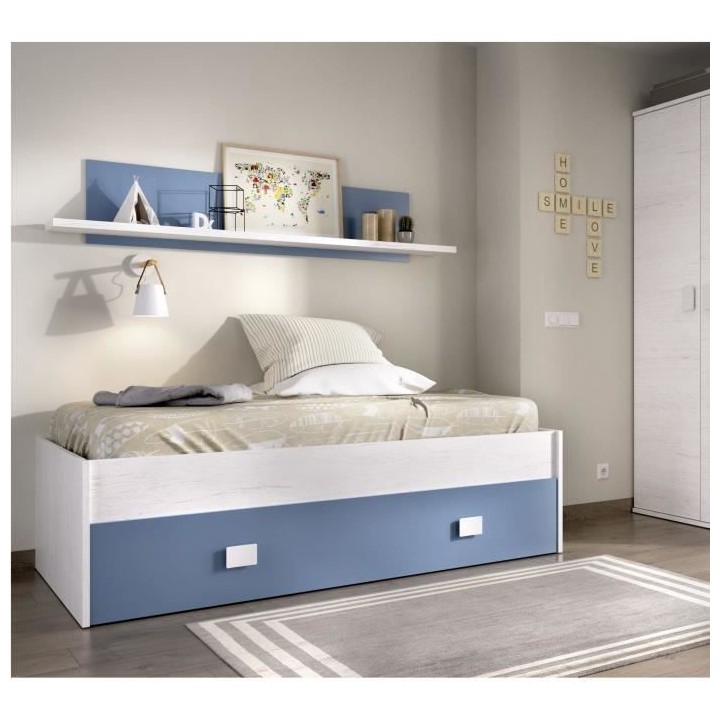 NOA Lit enfant avec tiroir + 1 étagere - Chene blanc/bleu - 90x190 cm