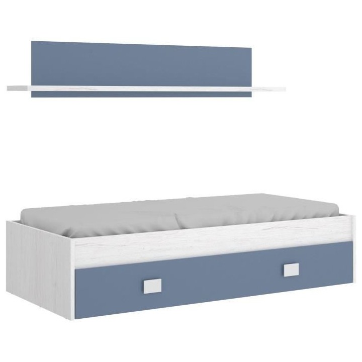 NOA Lit enfant avec tiroir + 1 étagere - Chene blanc/bleu - 90x190 cm
