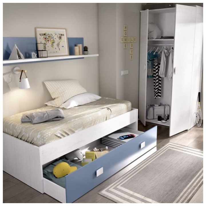 NOA Lit enfant avec tiroir + 1 étagere - Chene blanc/bleu - 90x190 cm