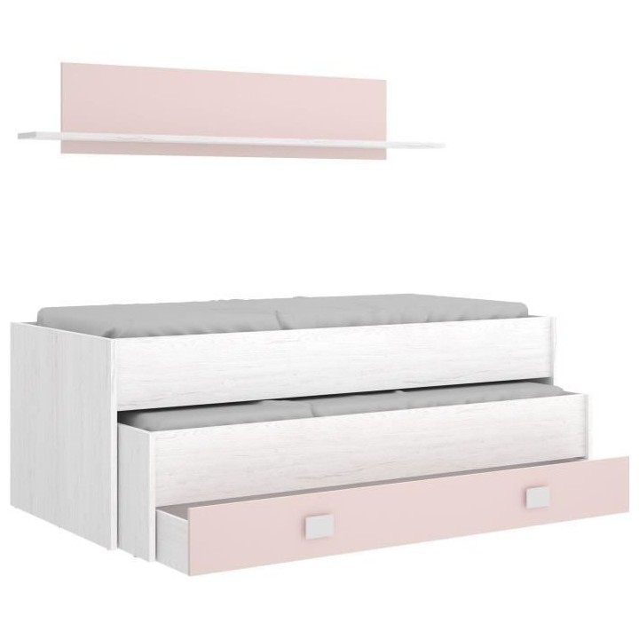 Lit gigogne enfant avec tiroir de rangement + 1 étagere - Chene blanc