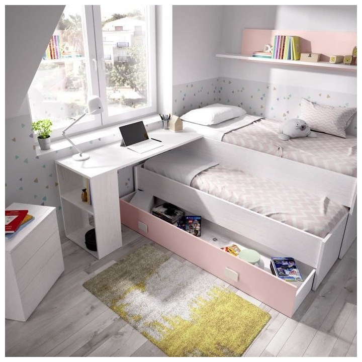 Lit gigogne enfant avec tiroir de rangement + 1 étagere - Chene blanc