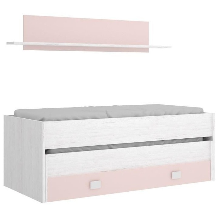 Lit gigogne enfant avec tiroir de rangement + 1 étagere - Chene blanc