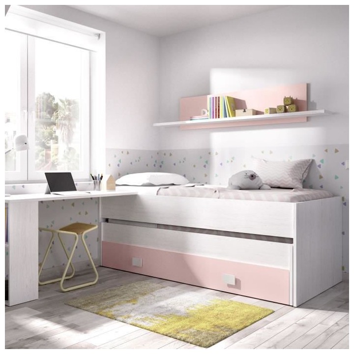 Lit gigogne enfant avec tiroir de rangement + 1 étagere - Chene blanc