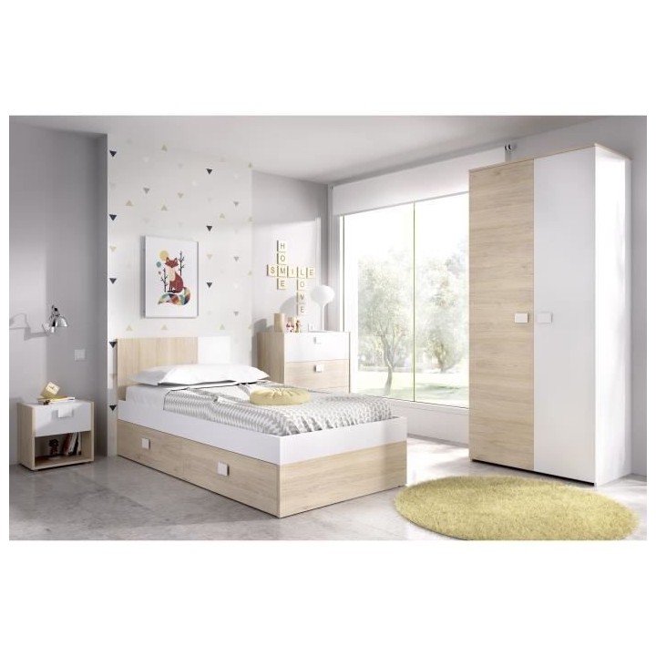 DINA Lit enfant 90x190 cm - Décor Blanc et chene