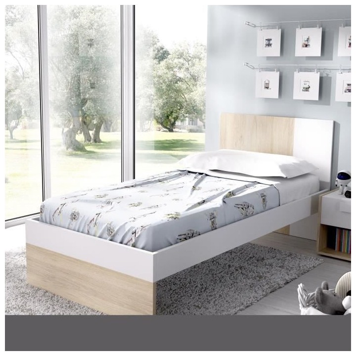 DINA Lit enfant 90x190 cm - Décor Blanc et chene