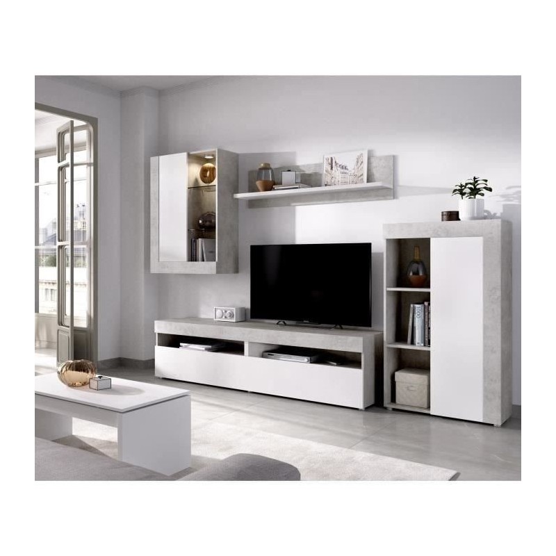 Ensemble Meuble TV TOKIO - Classique - Panneaux de particules - Blanc et Béton - L 265 x P 42 x H 180 cm