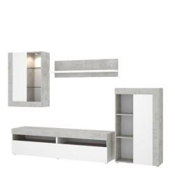 Ensemble Meuble TV TOKIO - Classique - Panneaux de particules - Blanc et Béton - L 265 x P 42 x H 180 cm