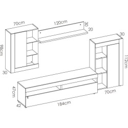 Ensemble Meuble TV TOKIO - Classique - Panneaux de particules - Blanc et Béton - L 265 x P 42 x H 180 cm