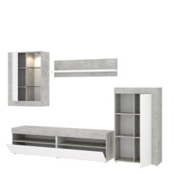 Ensemble Meuble TV TOKIO - Classique - Panneaux de particules - Blanc et Béton - L 265 x P 42 x H 180 cm