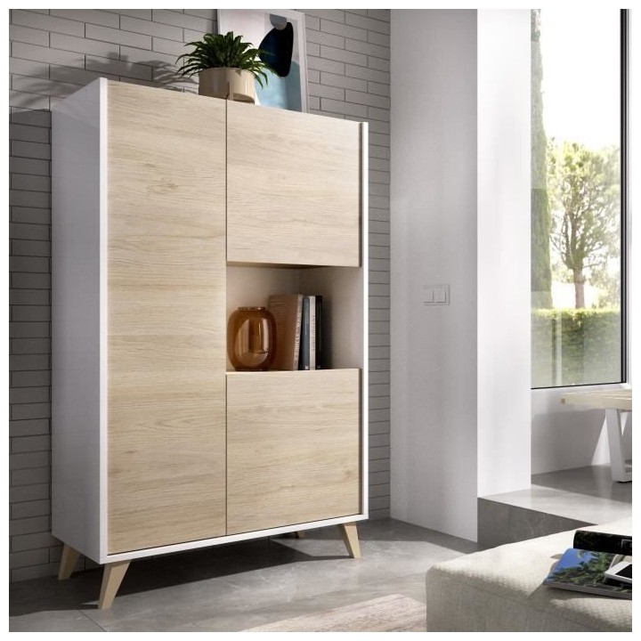 Buffet haut 3 portes - Décor Chene et blanc - NESS - L 81 x P 43 x H
