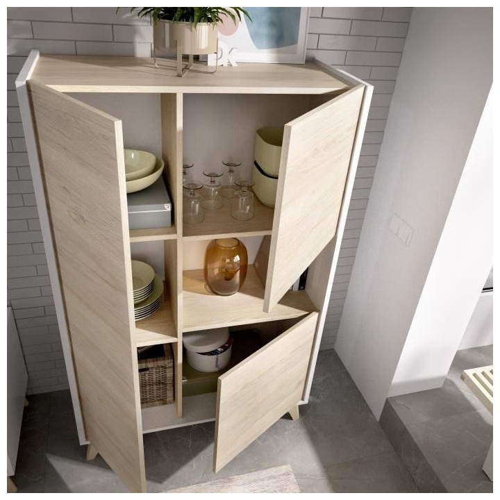 Buffet haut 3 portes - Décor Chene et blanc - NESS - L 81 x P 43 x H