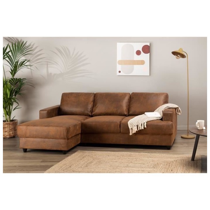 PAUL Canapé d'angle gauche 4 places - Tissu Marron vintage - Contempo