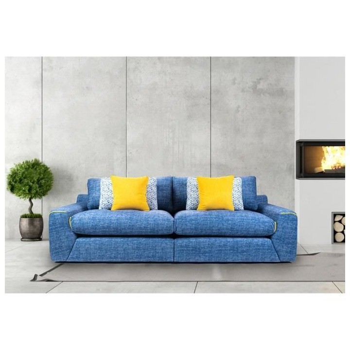 Canapé droit 3 places fixe - Tissu bleu - L 260 x P 109 x H 87 cm- AL