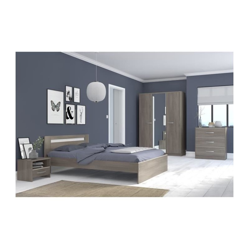 PARISOT Chambre complete adulte - Contemporain - Décor noyer silver - l 140 x L 190 cm - YSA