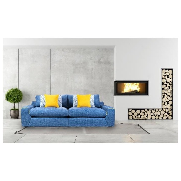 Canapé droit 3 places fixe - Tissu bleu - L 260 x P 109 x H 87 cm- AL