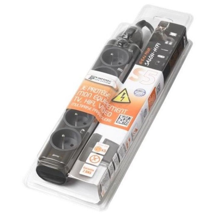 INFOSEC - S5 - Parasurtenseur 5 Prises FR - Garantie 2 ans