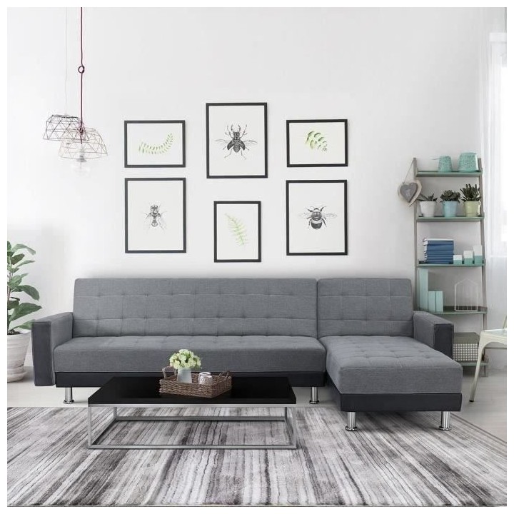 Canapé d'angle 3 places réversible - Tissu gris et simili noir - Pie