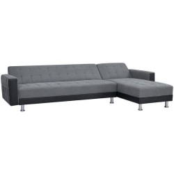 Canapé d'angle 3 places réversible - Tissu gris et simili noir - Pieds en acier - L 277 x P 157 x H 80 cm - IVANA