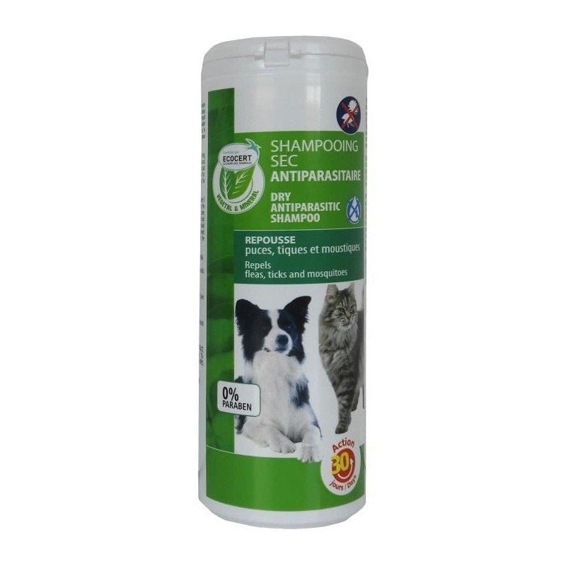 VETOCANIS Shampoing sec antiparasitaire Bio - 150 g - Contrôlé ECOCERT - Pour chat et chien