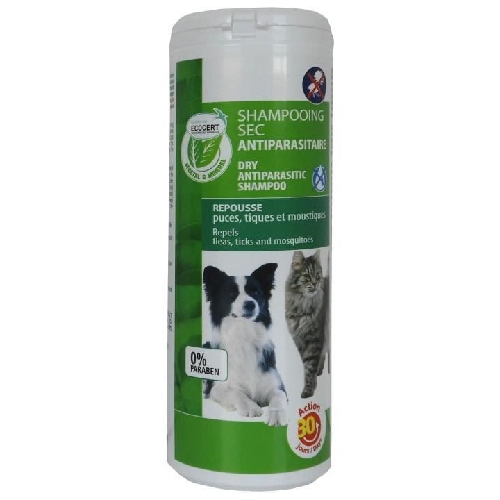 VETOCANIS Shampoing sec antiparasitaire Bio - 150 g - Contrôlé ECOCE