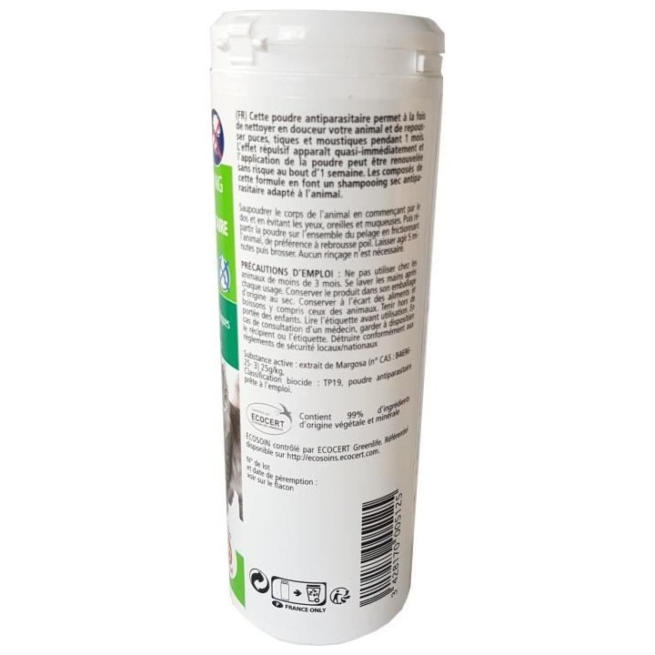 VETOCANIS Shampoing sec antiparasitaire Bio - 150 g - Contrôlé ECOCE
