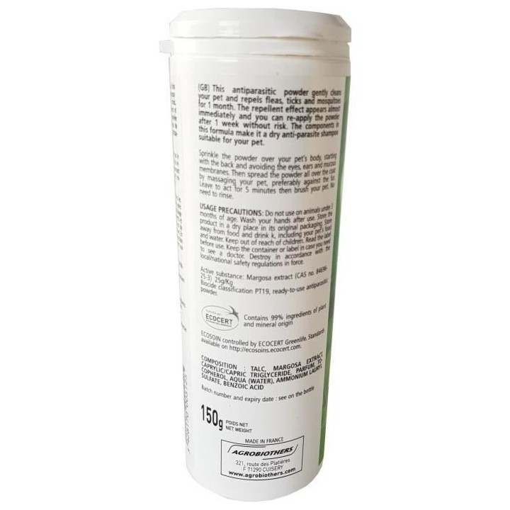 VETOCANIS Shampoing sec antiparasitaire Bio - 150 g - Contrôlé ECOCE