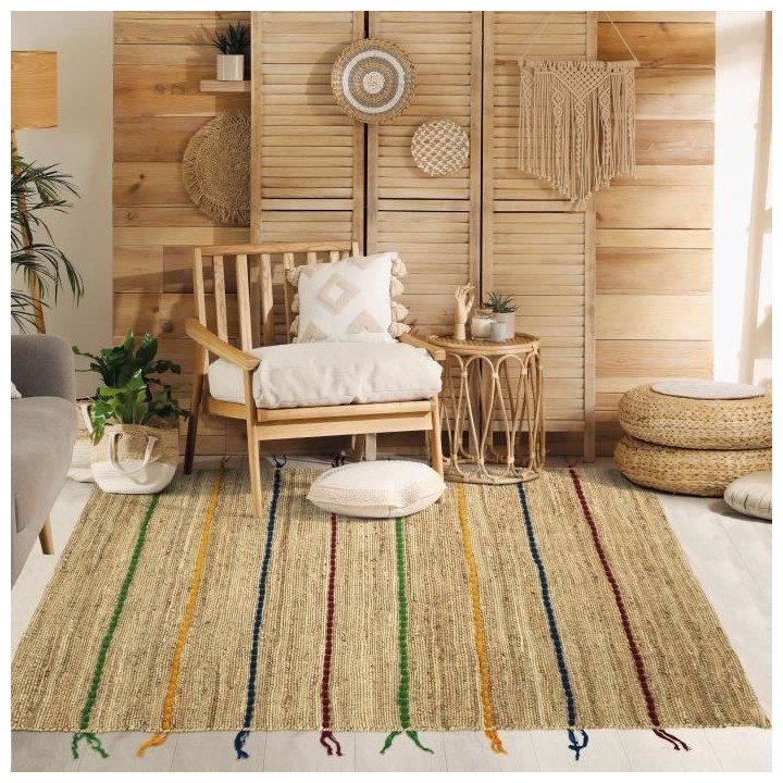 Tapis Jute et Laine - Lignes colorées - 120x170 cm