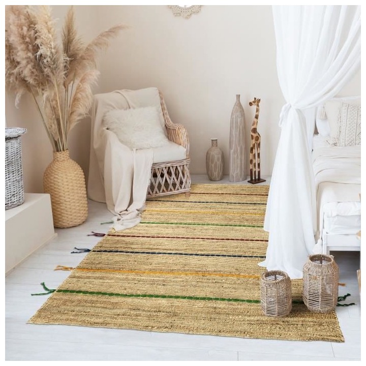 Tapis Jute et Laine - Lignes colorées - 120x170 cm