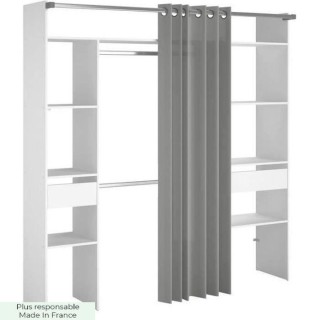 EKIPA Dressing avec rideau - 2 tiroirs et 2 colonnes - Décor Blanc -