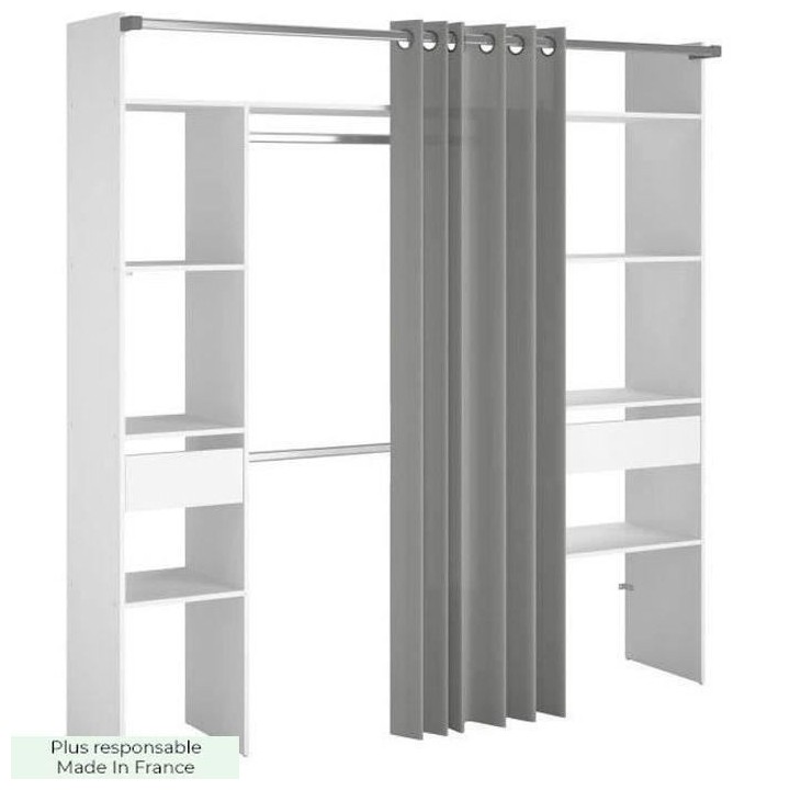 EKIPA Dressing avec rideau - 2 tiroirs et 2 colonnes - Décor Blanc -