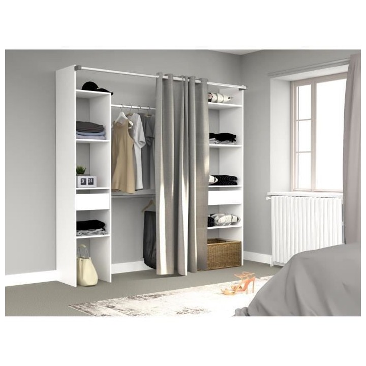 EKIPA Dressing avec rideau - 2 tiroirs et 2 colonnes - Décor Blanc -