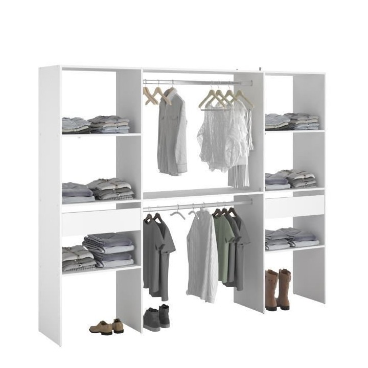 EKIPA Dressing 2 colonnes avec 2 tiroirs + 2 penderies - Décor Blanc
