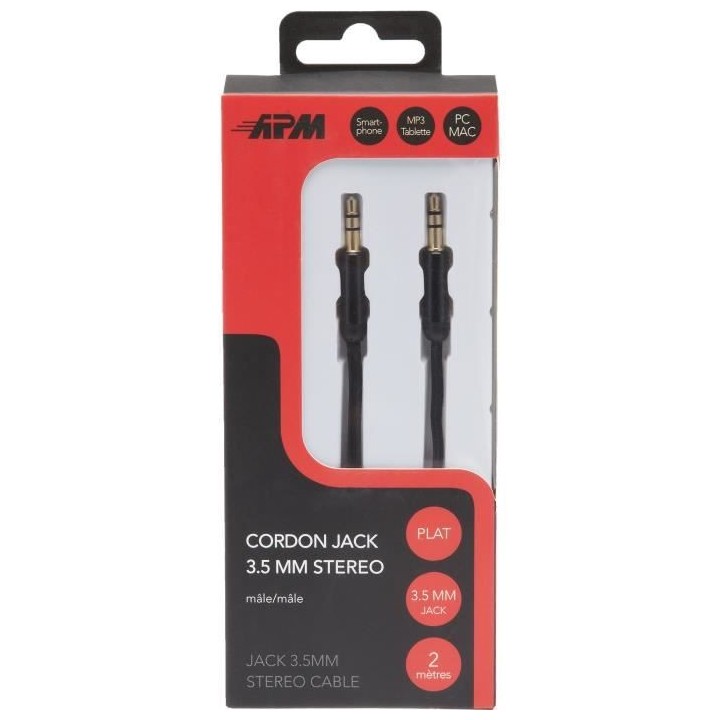 APM Cordon Jack - 3,5mm - Stéréo Plat - Mâle/Mâle - Noir - 2m