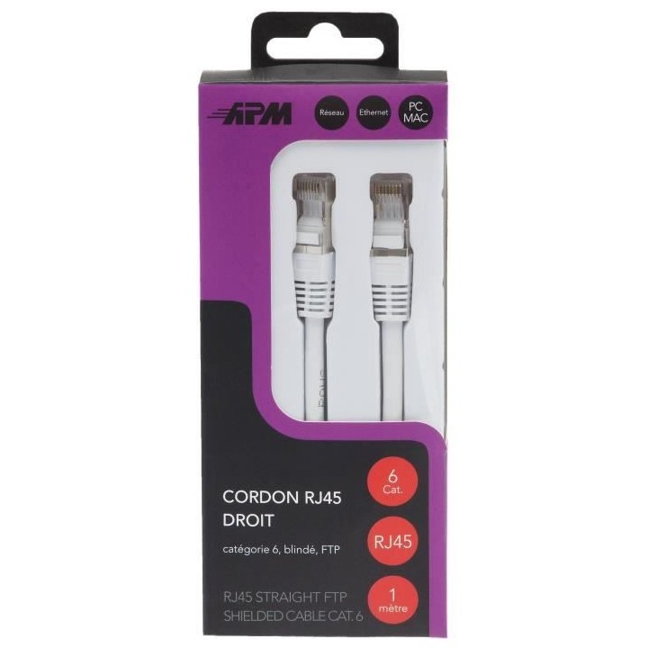 APM Cordon RJ45 CAT.6 FTP Droit - Blanc - 1m