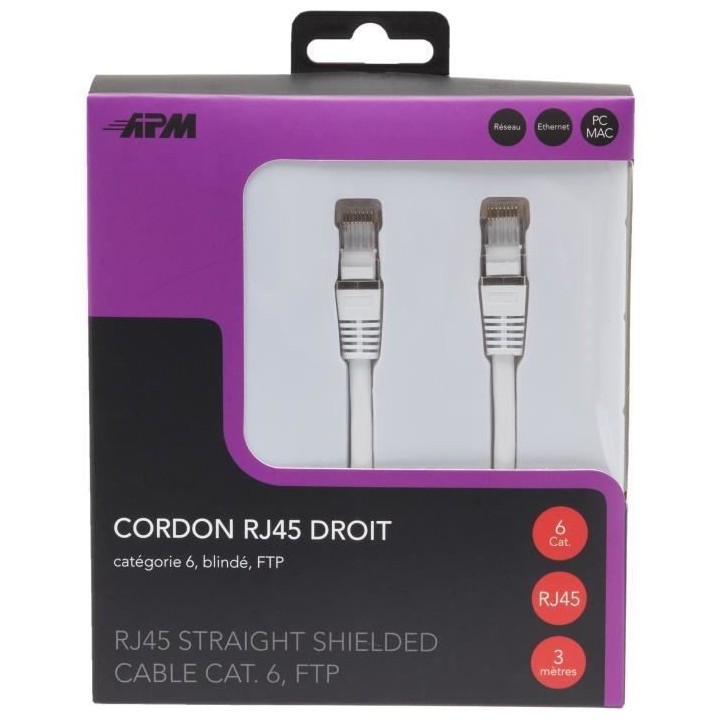 APM Cordon RJ45 CAT.6 FTP Droit - Blanc - 3m