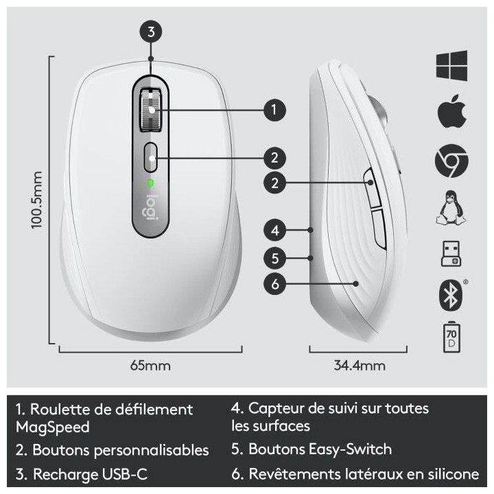 Souris sans fil - Logitech - MX Anywhere 3 - Ergonomique - Bluetooth -