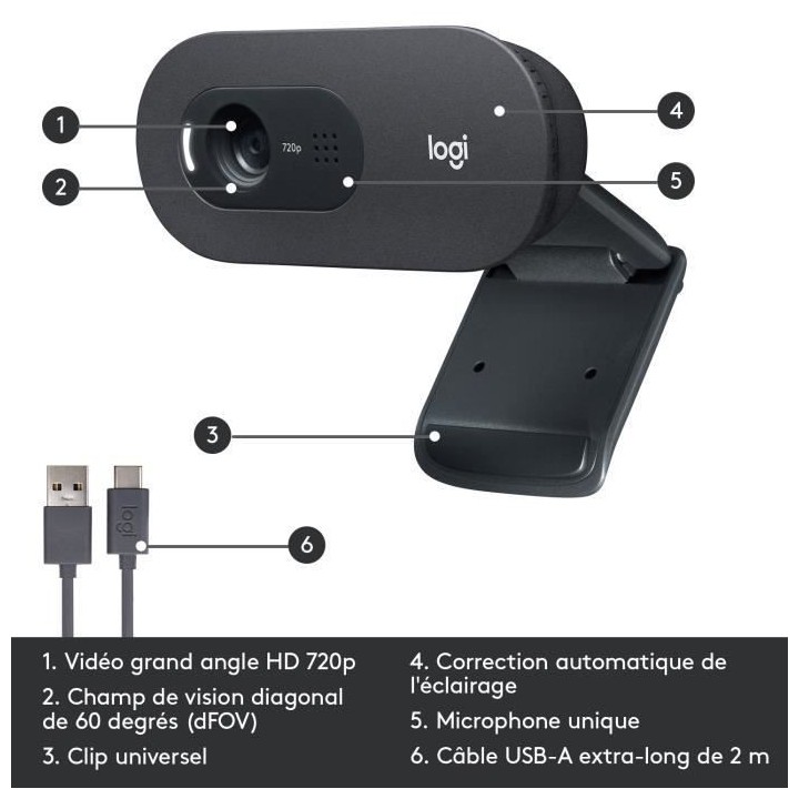 LOGITECH - Webcam HD C505 - USB HD 720p - Microphone Longue Portée -