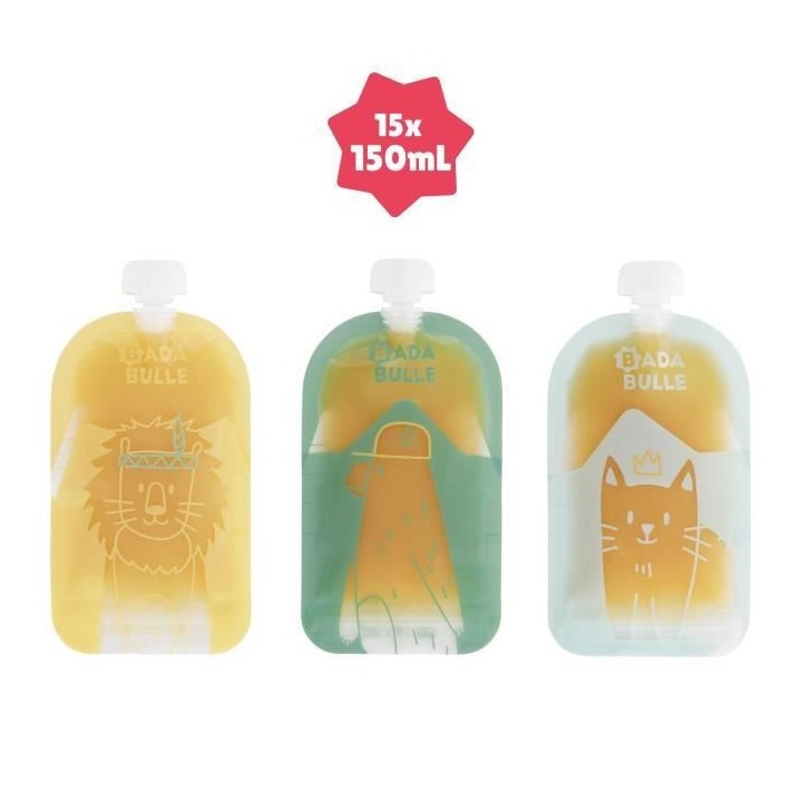 Badabulle Lot de 15 gourdes réutilisables 150 ml, 100% hermétiques