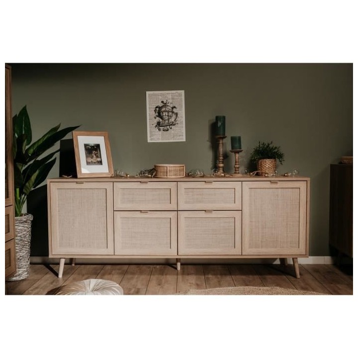 Buffet 4 portes 2 tiroirs - Décor chene sonoma - BALI - L 180 x P 40
