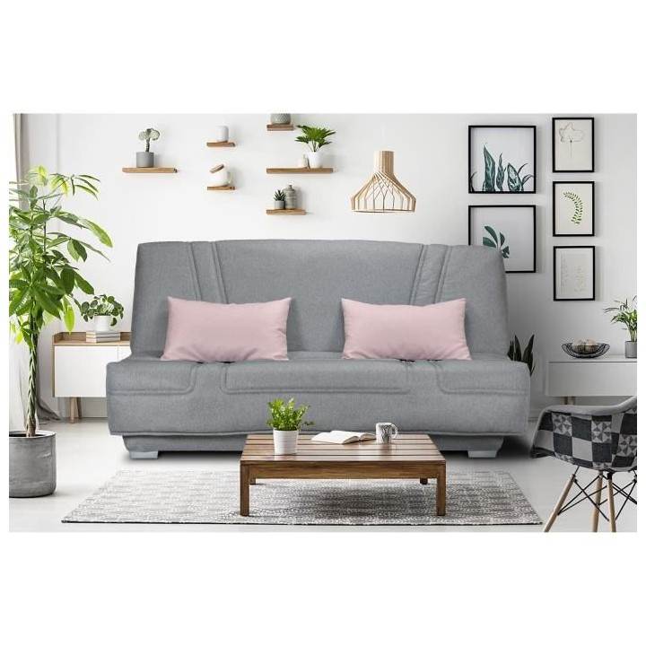 COMFORT BULTEX Banquette clic clac - Tissu Gris + Coussins déco rose