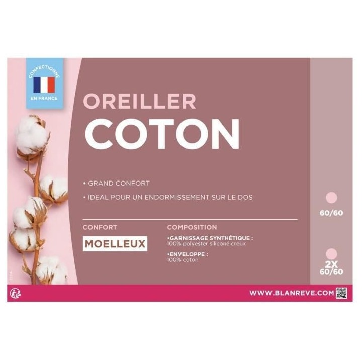 BLANREVE Lot de 2 Oreillers en coton - 60 x 60 cm - Blanc