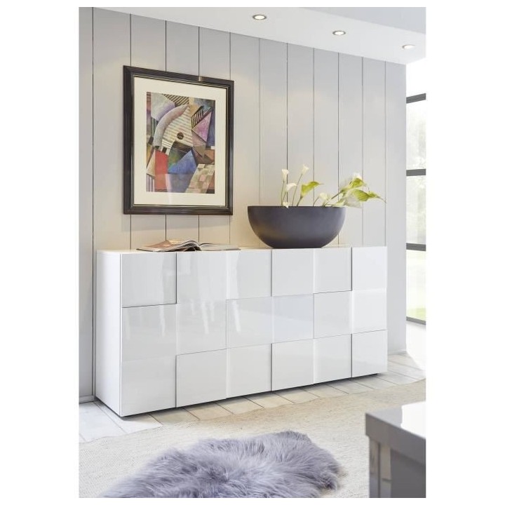 Buffet - Blanc laqué brillant - Style contemporain - 3 portes - MILAN