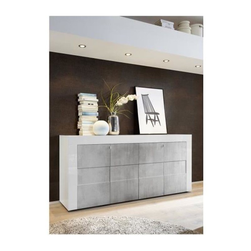 Buffet - Blanc laqué brillant et effet Béton mat - Style contemporain - 4 portes - GENOVA - L 180 x P 41 x H 83 cm